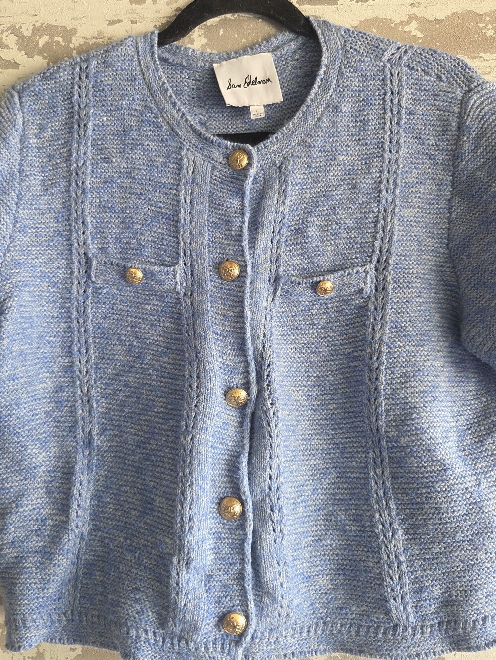 ​Sam Edelman Colleen Short Sleeve Cardigan Blue Knit Gold Button L